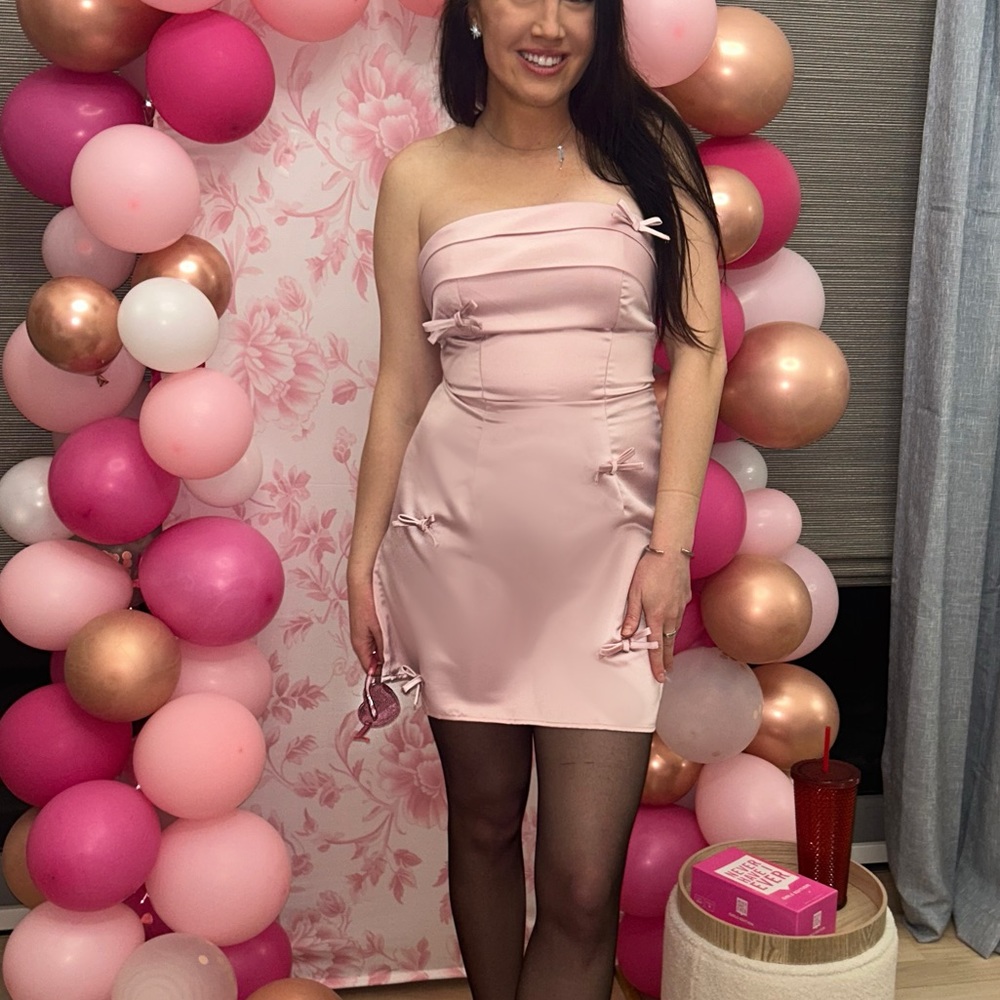 Pink satin strapless dress